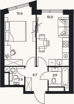 Планировка: 1-к, 41,8 м²