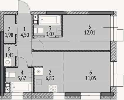Планировка: 2-к, 44,6 м²