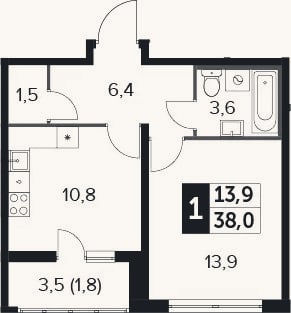 Планировка: 1-к, 36,2 м²
