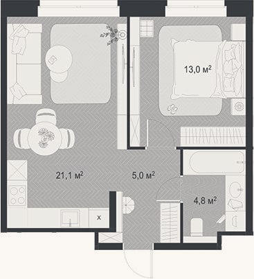Планировка: 2-к, 43,9 м²