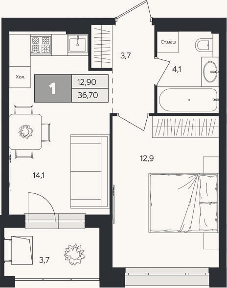 Планировка: 1-к, 34,9 м²