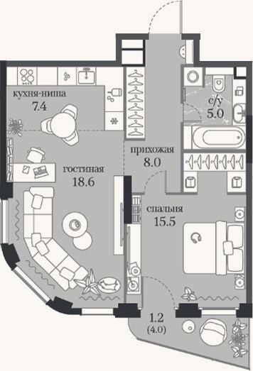Планировка: 1-к, 54,5 м²