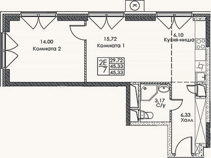 Планировка: 2-к, 45,3 м²