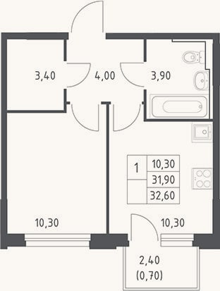 Планировка: 1-к, 31,9 м²