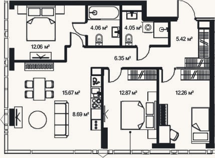 Планировка: 4+ к, 82 м²