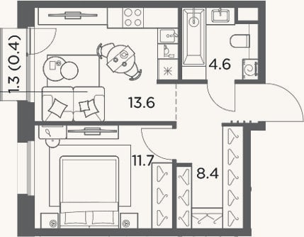 Планировка: 1-к, 38,3 м²
