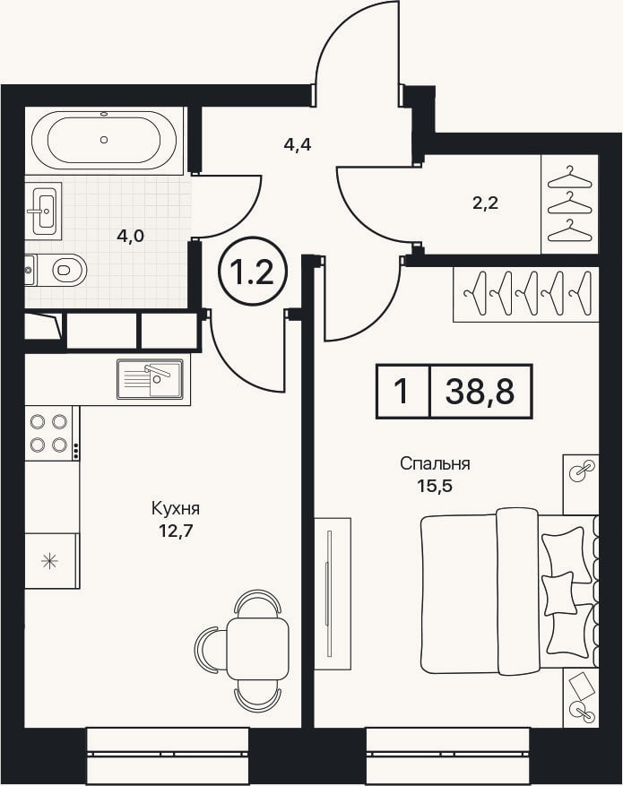 Планировка: 1-к, 38,8 м²