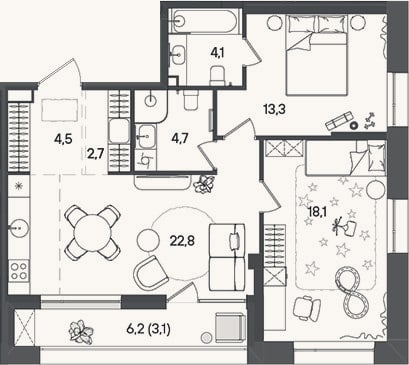 Планировка: 3-к, 70,2 м²