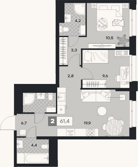Планировка: 2-к, 61,4 м²
