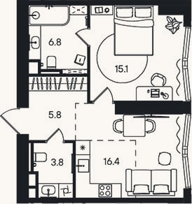 Планировка: 2-к, 47,9 м²