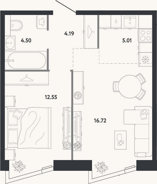 Планировка: 1-к, 43 м²