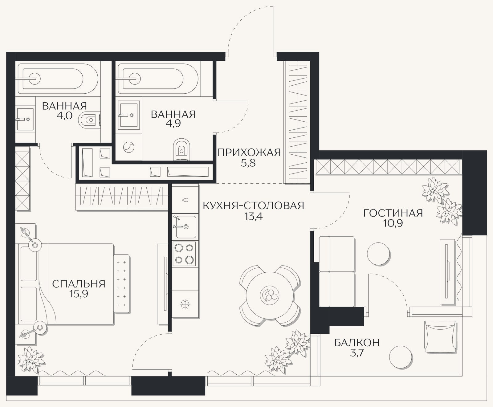 Планировка: 2-к, 57,4 м²