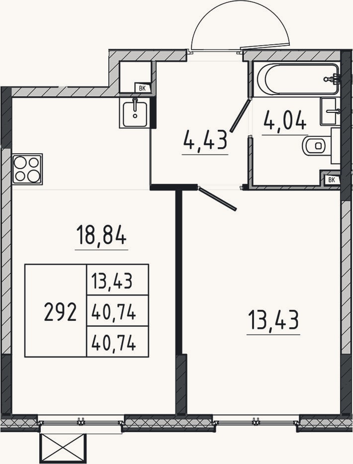 Планировка: 2-к, 40,7 м²