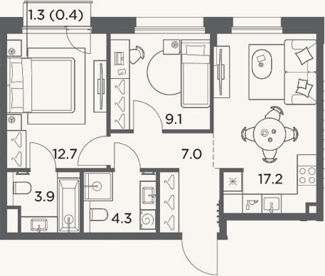 Планировка: 2-к, 54,2 м²