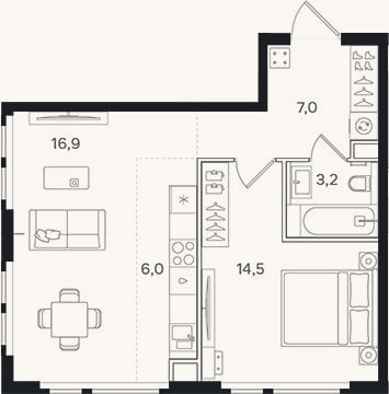 Планировка: 2-к, 47,6 м²