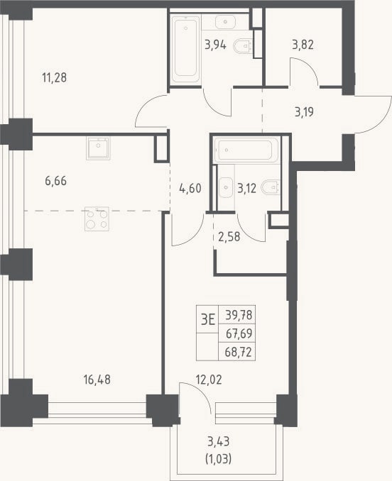 Планировка: 3-к, 67,7 м²