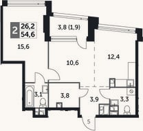 Планировка: 2-к, 52,7 м²