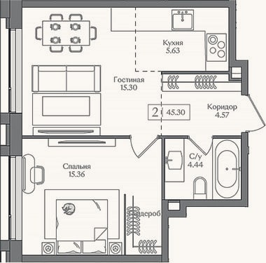 Планировка: 2-к, 45,3 м²