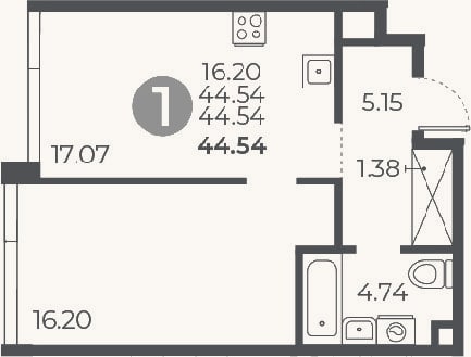 Планировка: 1-к, 44,5 м²