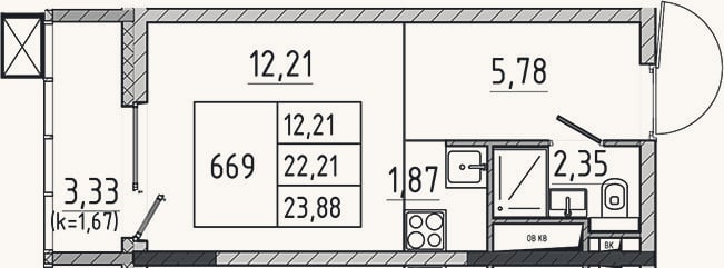 Планировка: Студия, 22,2 м²