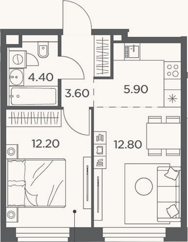 Планировка: 2-к, 38,9 м²