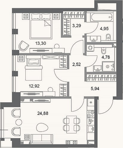 Планировка: 2-к, 72,6 м²
