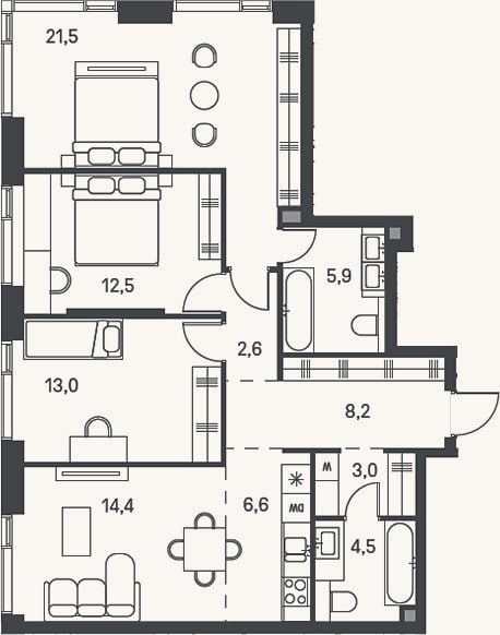 Планировка: 4+ к, 92,4 м²