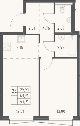Планировка: 2-к, 43,7 м²