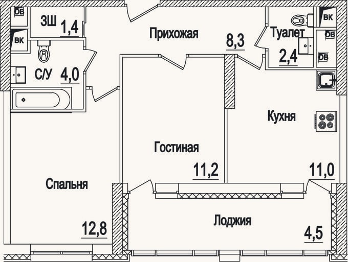 Планировка: 2-к, 51,1 м²