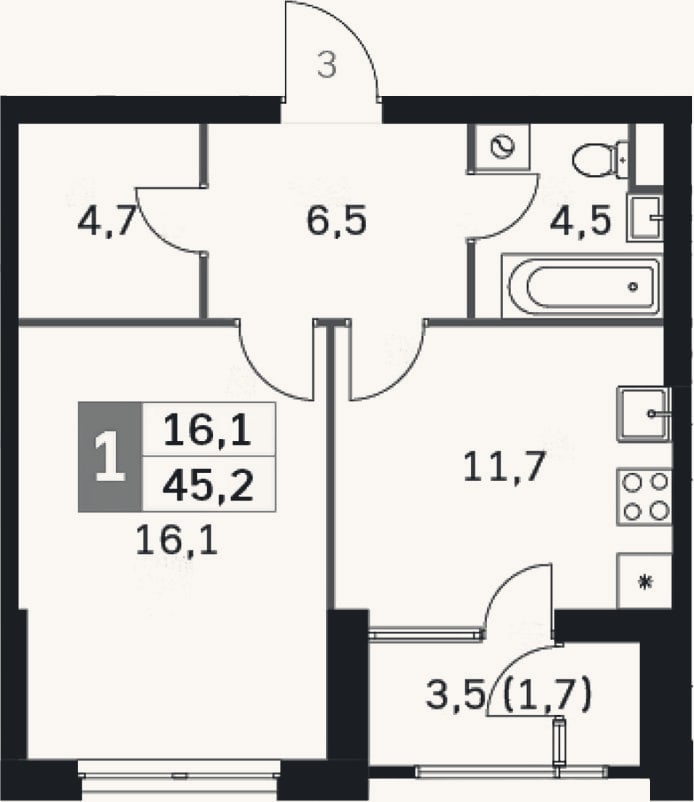 Планировка: 1-к, 41,4 м²