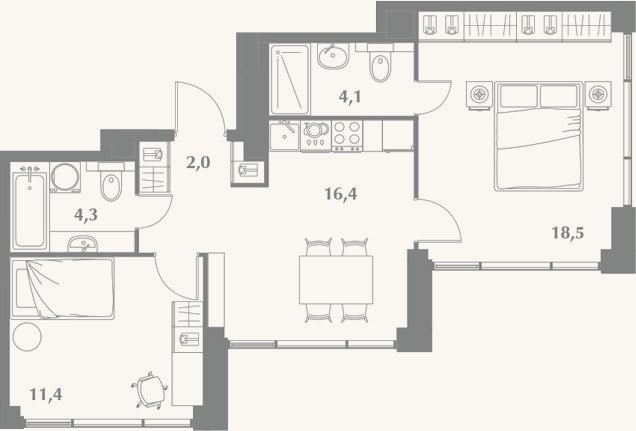 Планировка: 3-к, 56,7 м²