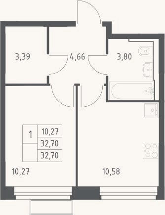 Планировка: 1-к, 32,7 м²
