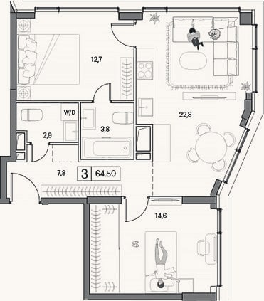 Планировка: 3-к, 64,5 м²