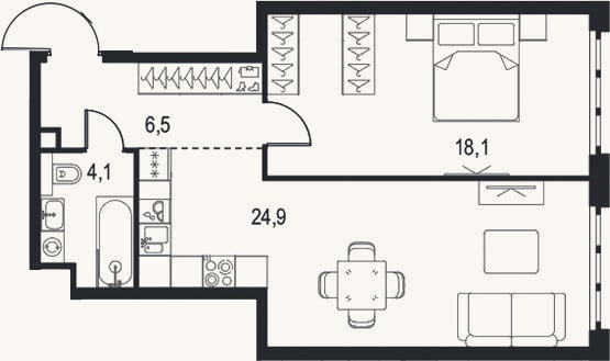 Планировка: 1-к, 53,6 м²
