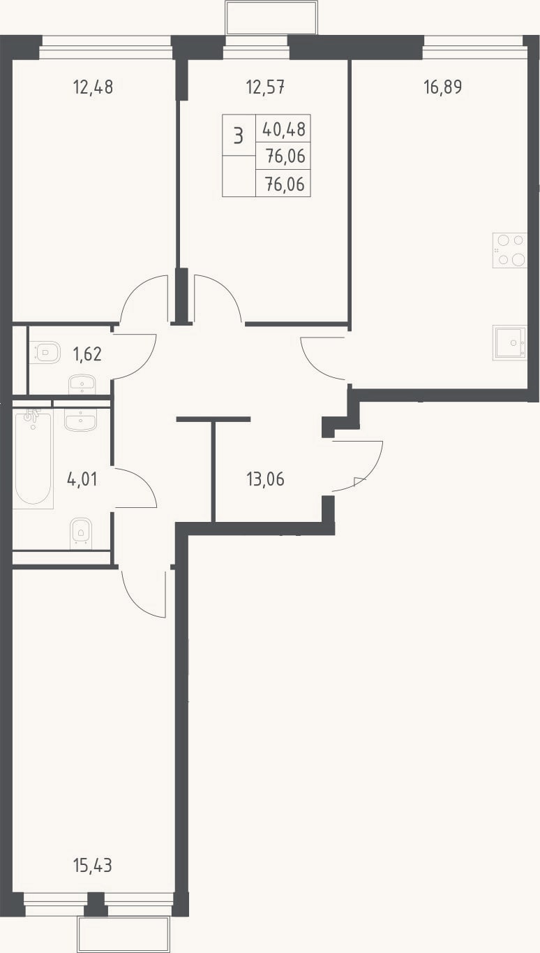 Планировка: 3-к, 76,1 м²