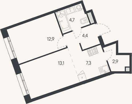 Планировка: 2-к, 45,3 м²