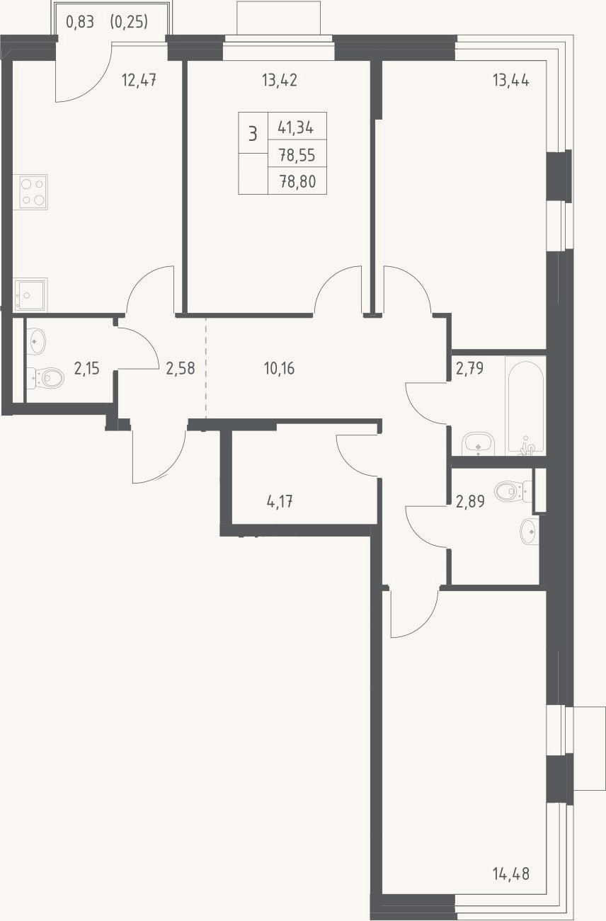 Планировка: 3-к, 78,6 м²