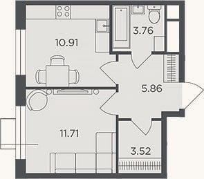 Планировка: 1-к, 35,8 м²