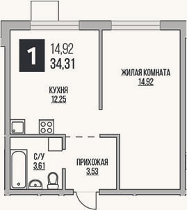 Планировка: 1-к, 34,3 м²