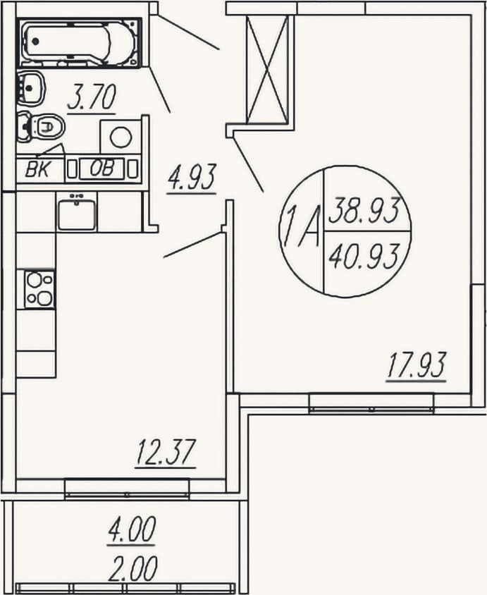 Планировка: 1-к, 38,9 м²