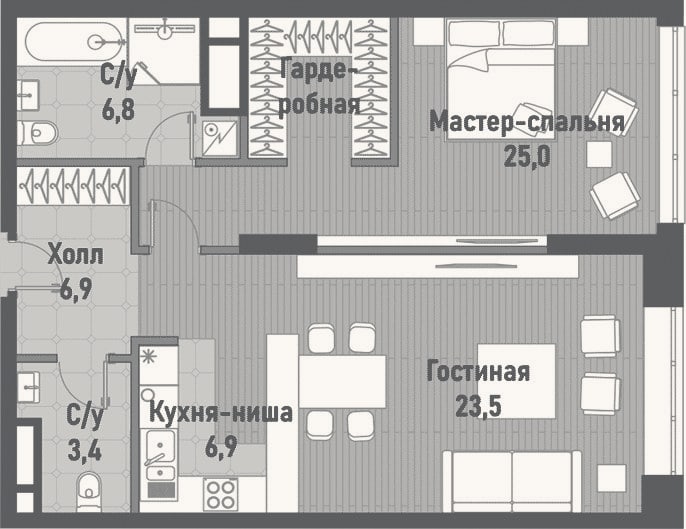 Планировка: 2-к, 72,5 м²