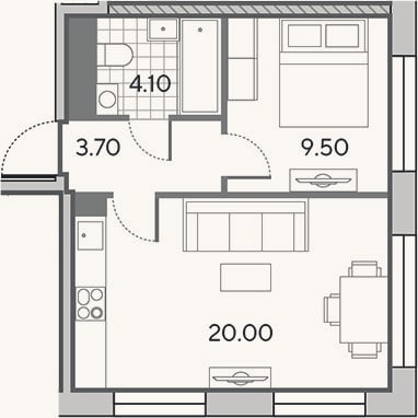 Планировка: 2-к, 37,3 м²