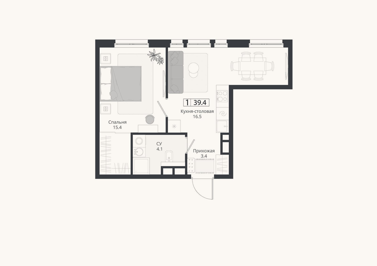 Планировка: 2-к, 39,4 м²