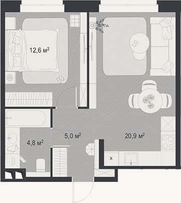 Планировка: 2-к, 43,3 м²