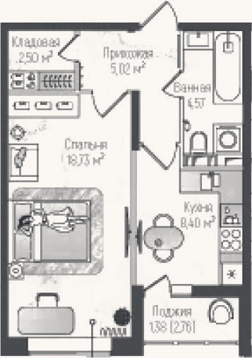 Планировка: 1-к, 39,2 м²
