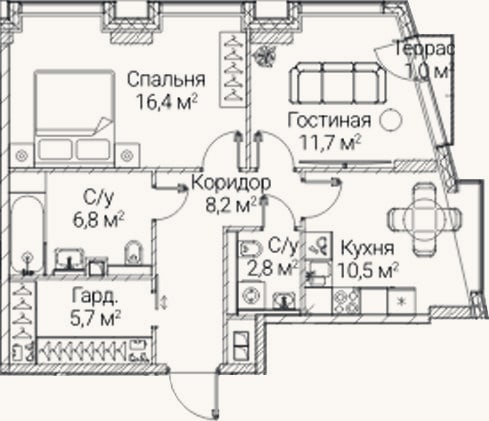 Планировка: 2-к, 62,1 м²
