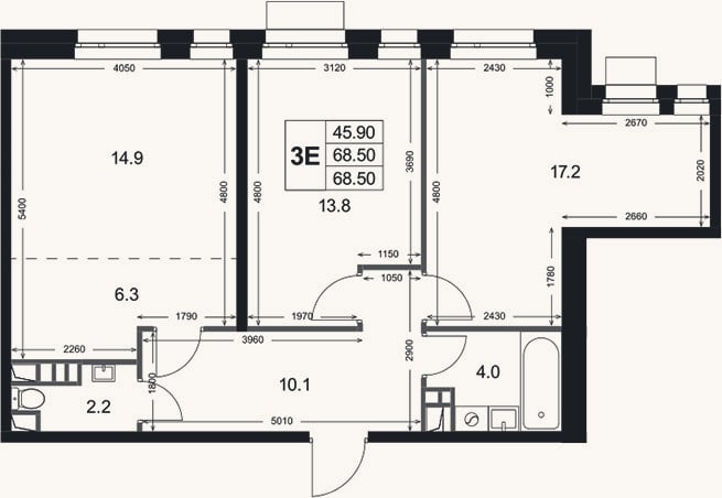 Планировка: 3-к, 68,5 м²