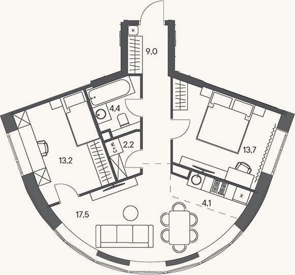 Планировка: 3-к, 64,1 м²