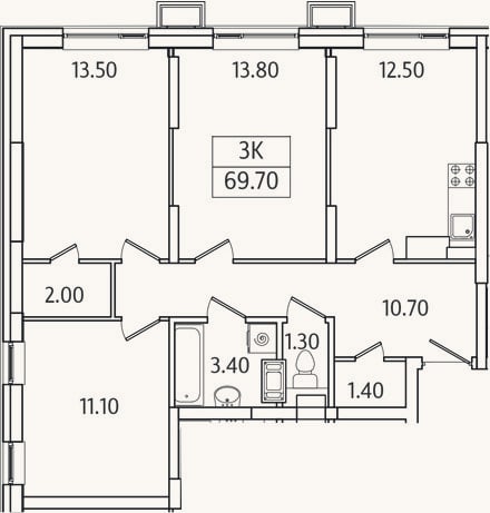 Планировка: 3-к, 69,7 м²