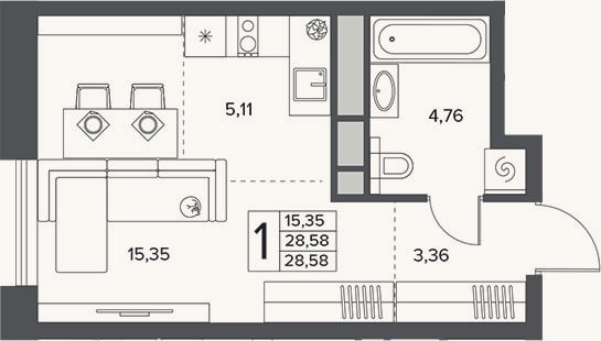 Планировка: Студия, 28,6 м²